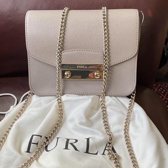 Furla Handbags - Furla Light Grey Crossbody Bag with Gold Chain and Dust bag